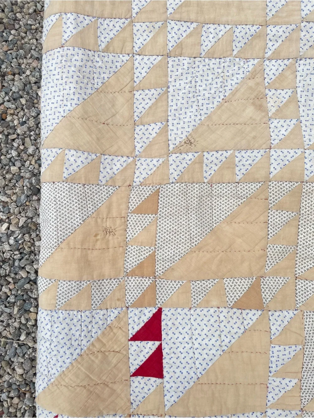 Beige and Red Triangle Patchwork Quilt - Classic Handmade Design